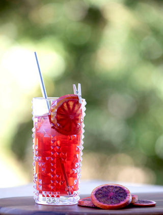 Vibrant vermilion red spritz cocktail with dehydrated blood orange garnish
