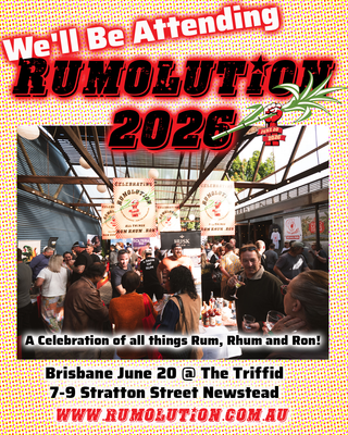 Promotional poster for Rumolution 2026 event with people at a bar and text about the celebration of rum.
