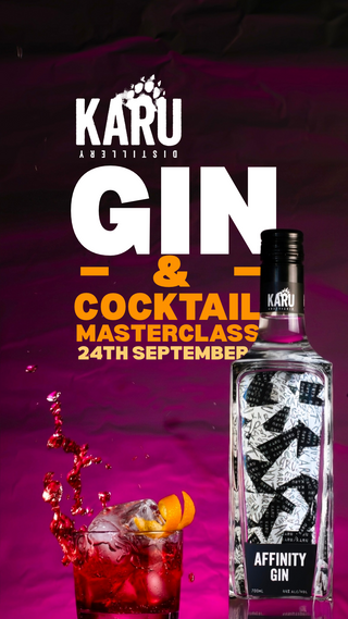 Promotional graphic for a Karu Distillery Gin & Cocktail Masterclass, featuring a bottle of Karu Affinity Gin on the right and bold text on the left, with a red cocktail splash in the foreground against a dark purple background.