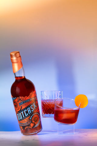 Bottle of Outchark Rum Old Fashioned with two glasses on a gradient background